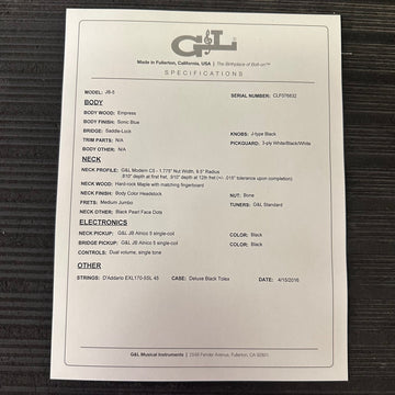 Replacement Specifications Sheet (Build Sheet) (For Instruments Manufactured from early 2011 through Present Day)